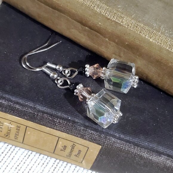 Faceted Czech Crystal Clear Pink Black Silver Cube and Bicone Earrings - Picture 3 of 9